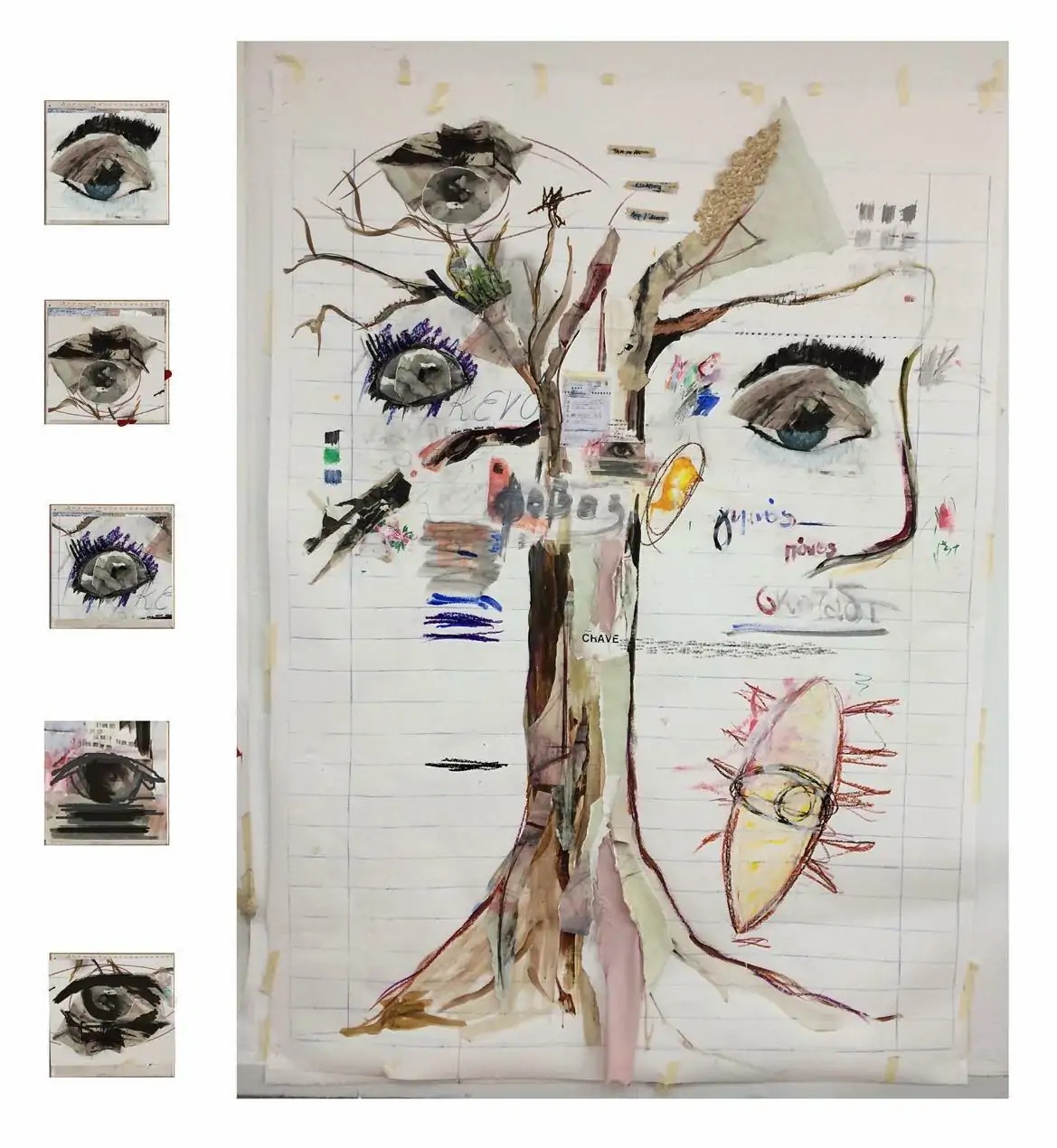 Eyes tree 2022, mixed media on paper, 208 x150 και 30x30cm the eyes